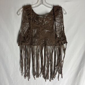NY Collection Vest Womens Size M Brown Western Fringe Open Cowgirl Rodeo Casual